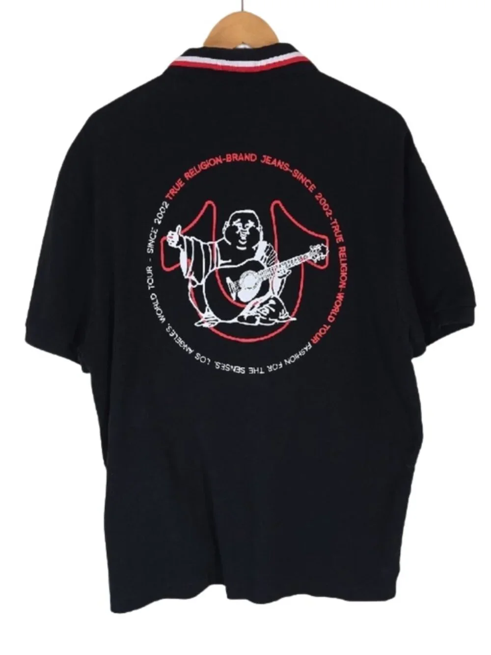 True Religion Buddha Guitar Graphic Polo Shirt XL Black World Tour Since 2002